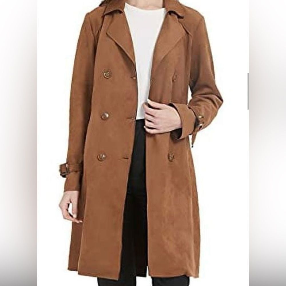 Giolshon Women's Faux Suede Trench Coat Classic Long Double Breasted Overcoat Be